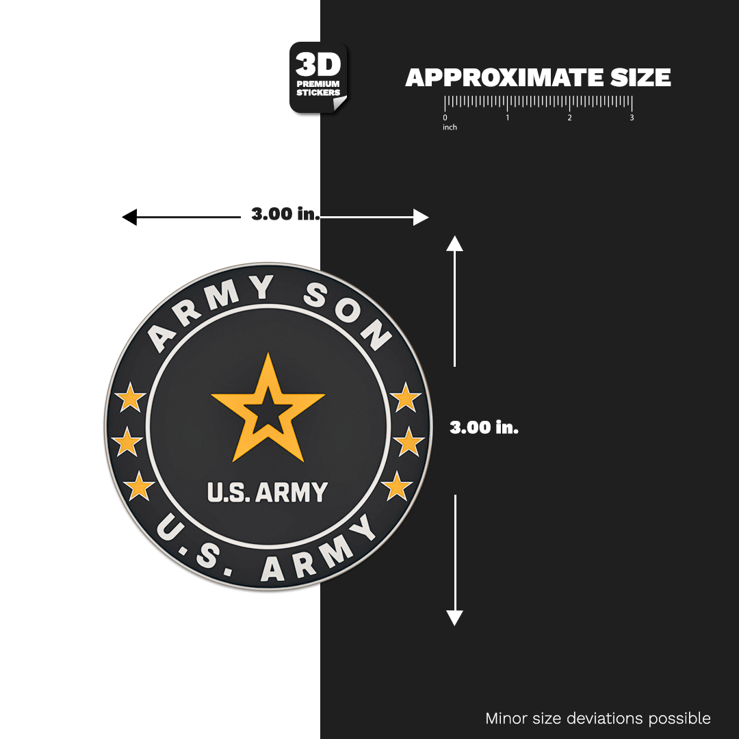 U.S. Army logo sticker with dimensions on a black background