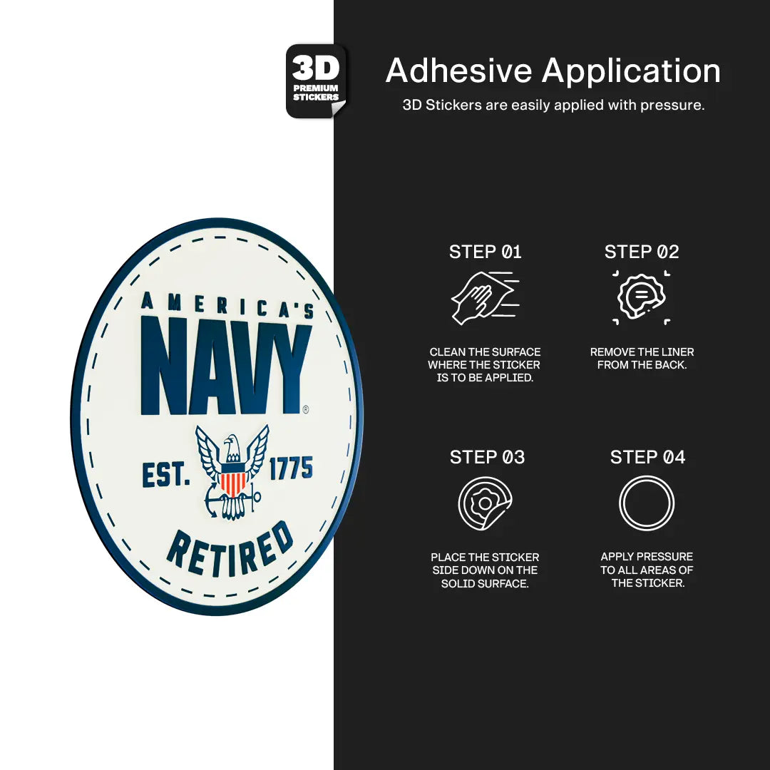 3D sticker with 'America's Navy' design and application instructions on a black background