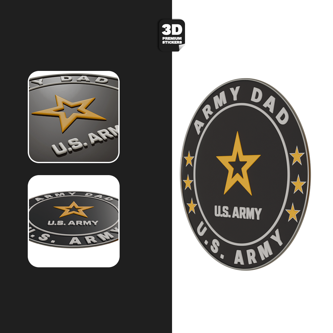 U.S. Army-themed stickers with 'Army Dad' text and star design on a black and white background.