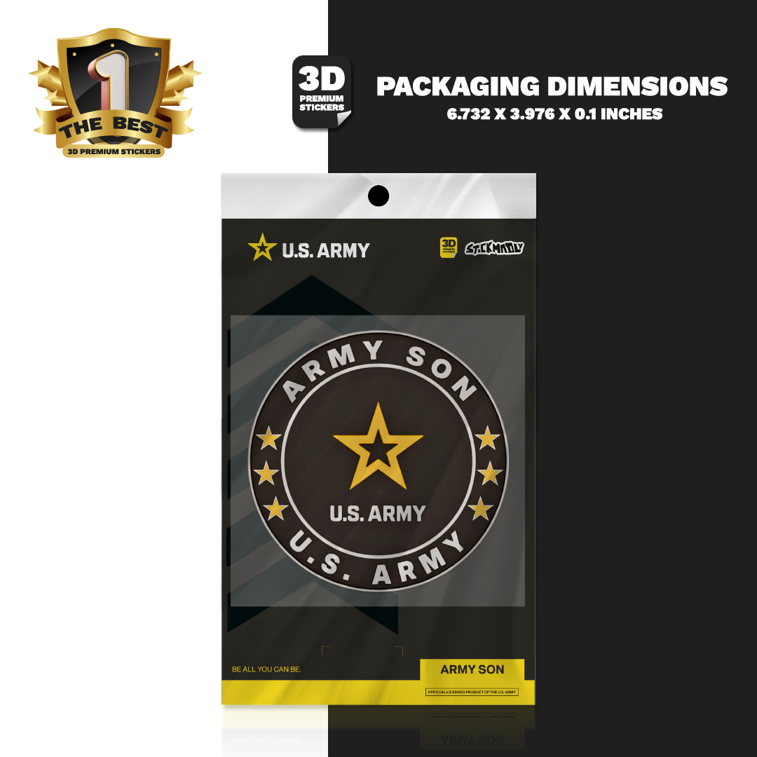 U.S. Army themed 3D premium sticker packaging with dimensions displayed.