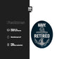 Navy 'Retired' sticker with features listed on a black and white background
