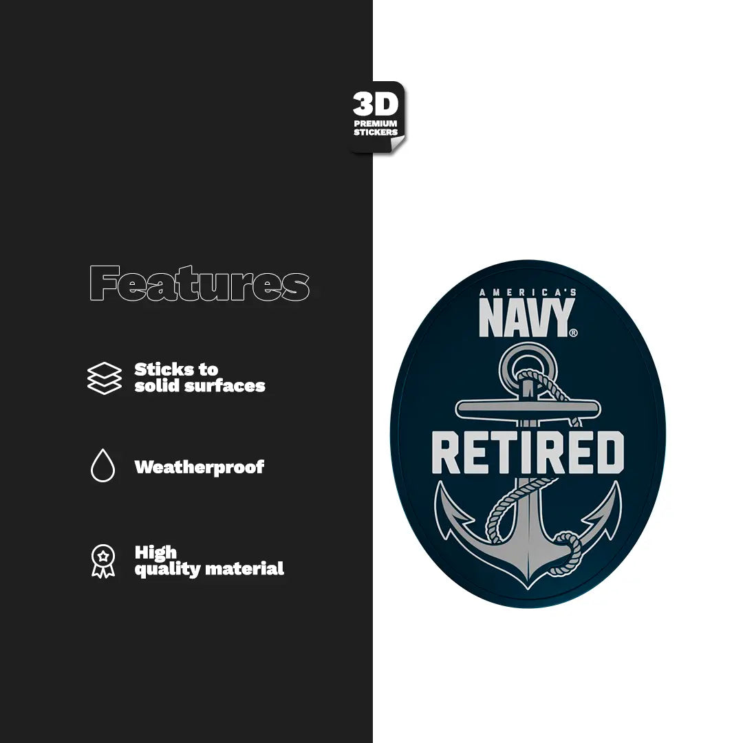 Navy 'Retired' sticker with features listed on a black and white background