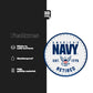 Navy logo sticker with features listed on a black and white background