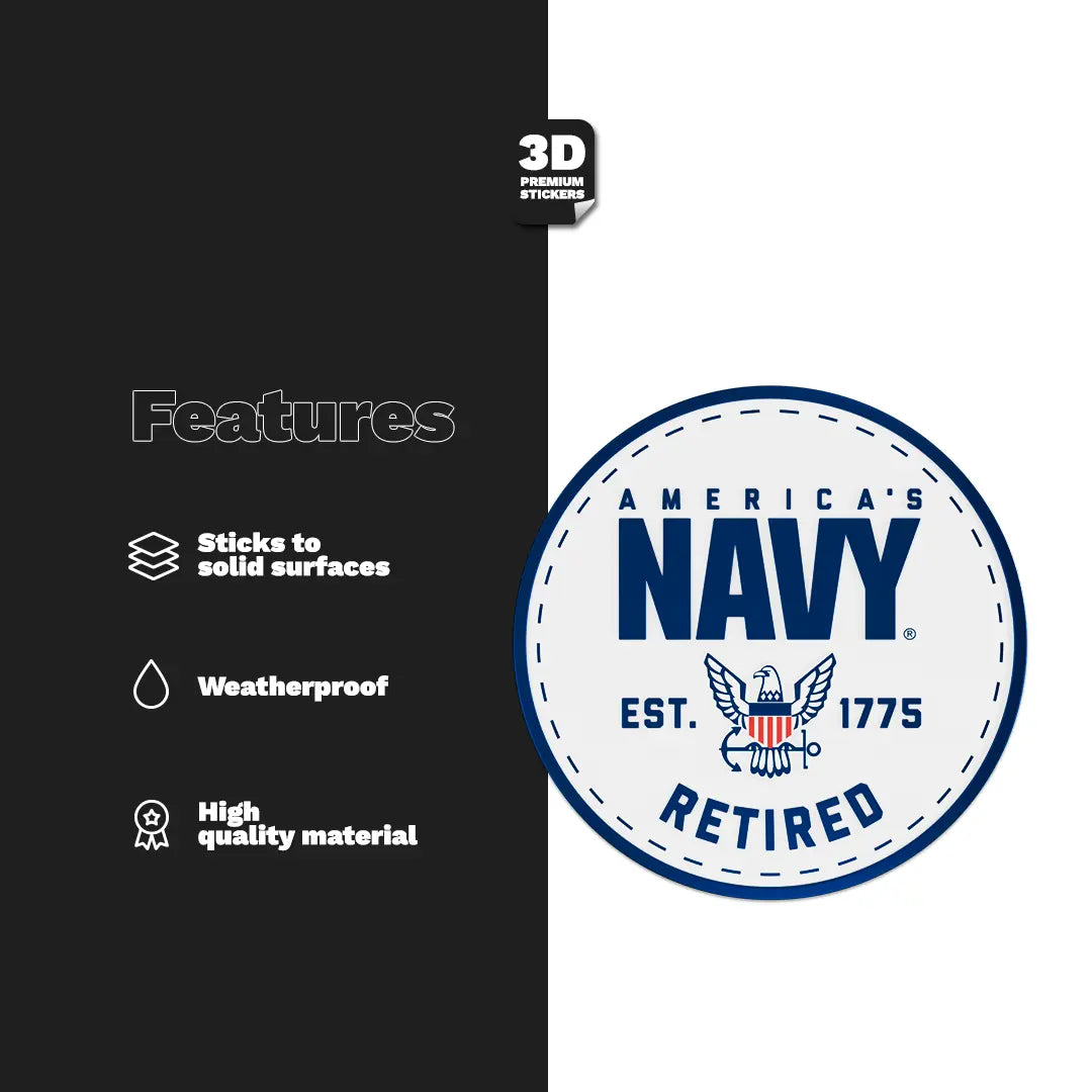 Navy logo sticker with features listed on a black and white background