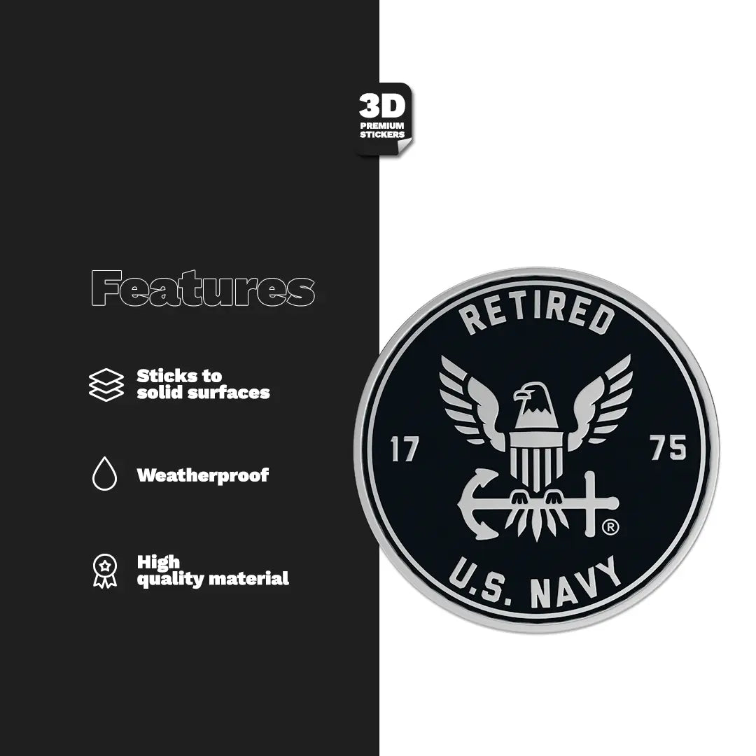 U.S. Navy retired sticker with features listed on a black and white background