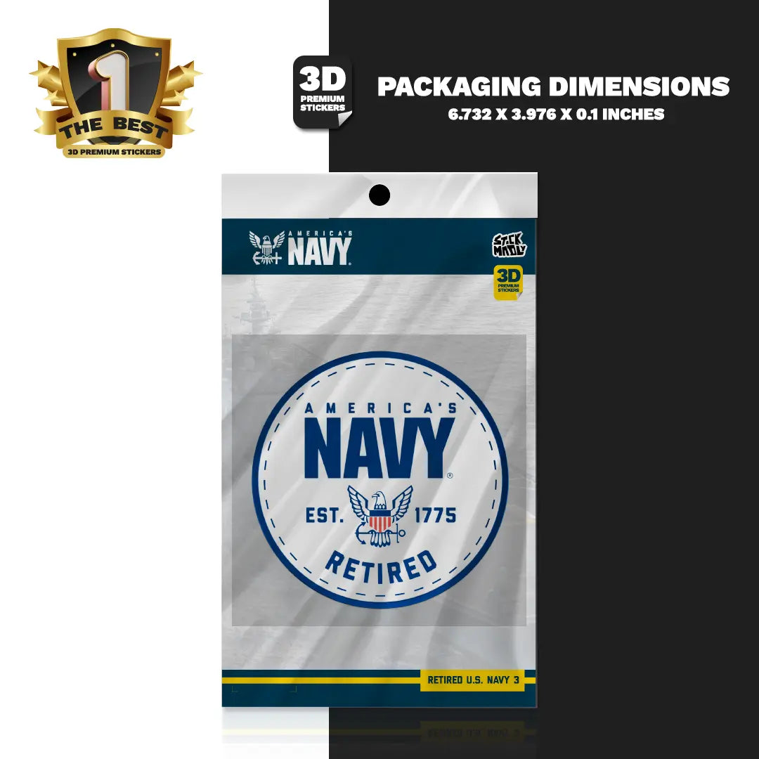 Packaging of a 3D sticker with 'America's Navy' design on a white background