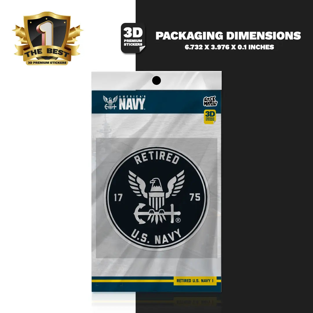 Packaging of a U.S. Navy retired sticker with dimensions and branding details.